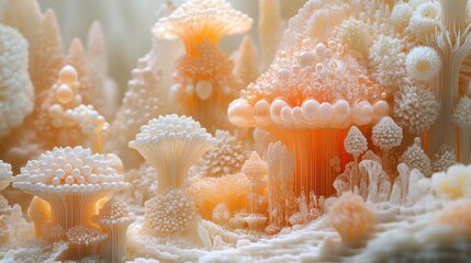 A detailed close-up of coral-like structures with intricate textures and warm, glowing colors.
