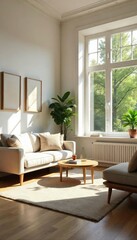 Fototapeta premium Bright, airy sunlit living room with large windows, comfortable furniture, and natural wood flooring Perfect for home decor, interior design, and real estate listings , lamps, greenery, cushions