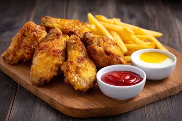 Fried chicken wings fries ketchup and mustard on a wooden board over a dark wood surface