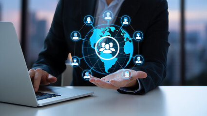 Businessperson Holding Global Network of People Laptop