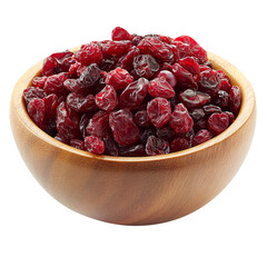 Dried cranberries piled high in a wooden bowl offer a tart and chewy snack isolated on a clean and clear White background
