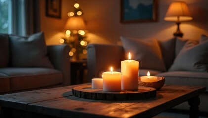 Cozy living room scene featuring flickering candles on a wooden table, creating a warm and inviting atmosphere Perfect for relaxation, meditation, or a romantic evening , light, living room