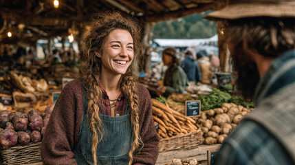 Woman smiles selling produce at an outdoor farmers market.