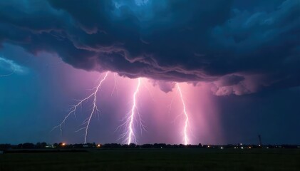 Dramatic dark clouds fill the sky, heavy rain pouring down, lightning illuminating the scene A powerful thunderstorm brewing, nature's raw energy unleashed , precipitation, outdoor