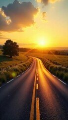 Fototapeta premium Golden hour sunlight bathes a winding country road, leading towards a distant horizon Perfect for travel, adventure, and nature themes Asphalt, rural, idyllic scenery , freedom, drive
