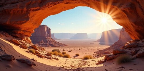 Sun-drenched desert panorama seen from sandstone cave opening, background, New Mexico