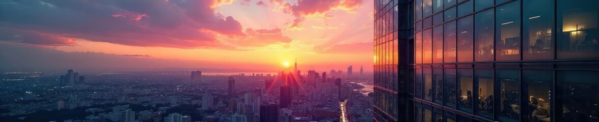 Fototapeta premium Modern cityscape building exterior, sleek glass facade reflecting city skyline at sunset Architectural details, urban landscape, contemporary design , facade, exterior, construction