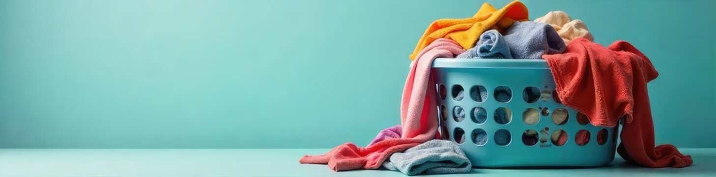 Overwhelmed laundry basket overflowing with dirty clothes, socks, and shirts A messy pile of garments needing washing A visual representation of laundry day struggles , clothes, household