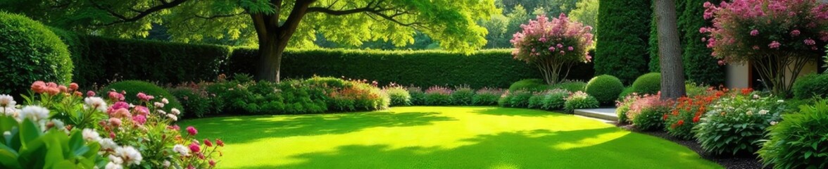 Serene backyard oasis featuring lush green lawn, vibrant flowerbeds, and mature trees creating a tranquil atmosphere Perfect for relaxation and outdoor enjoyment , bushes, flowers, shrubs