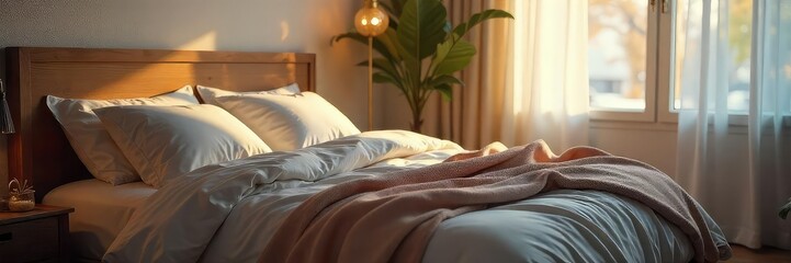 Serene bedroom scene featuring a plush bed with soft pillows and blankets, bathed in soft, ambient light Perfect for relaxation and sleep-related content , moon, plush