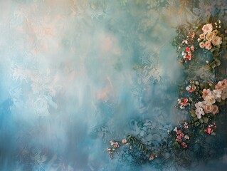 Pastel blue backdrop adorned with delicate floral arrangements