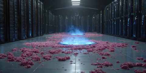 Futuristic Data Center: Alien Energy Core with Blue Radiance and Pink Petals Amidst Monochrome Server Towers. Low-angle Wide-shot of Innovative Tech Hub for AI, Cloud Computing, and Digital Transforma