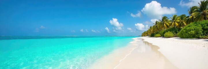 Fototapeta premium Stunning turquoise water laps a pristine white sand beach under a vibrant blue sky; perfect for a Maldives vacation banner Ideal for travel agencies and tourism websites , background, ocean