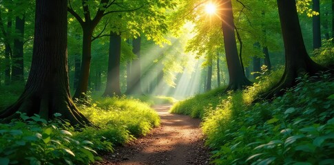 Obraz premium Sun-dappled forest path winding through lush greenery, sunlight filtering through leaves, creating a magical atmosphere Perfect for nature, travel, and adventure themes , sunlight, landscape, mystery