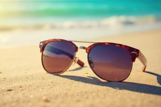Stylish sunglasses resting on a sandy beach, reflecting sunlight Perfect for summer vacation, travel, and fashion imagery , coastal, eyesight, vacation