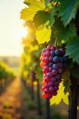 Fototapeta premium Sunlight streams through leaves onto ripe bunches of grapes hanging heavy on a mature vine, ready for harvest The vineyard is bathed in the golden light of late summer , harvest, purple, vineyard