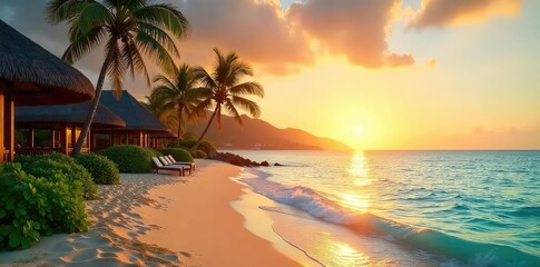 Tranquil sunrise over a luxurious beachfront resort, palm trees swaying gently in the breeze, turquoise ocean sparkling Perfect for travel, vacation, and hospitality marketing , holiday, sunrise