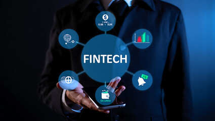 Fintech Technology Businessman Holding Smartphone Digital Icons Network