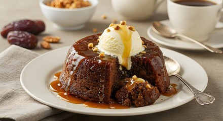 Delicious Sticky Toffee Pudding with Ice Cream and Caramel Sauce – A Sweet Treat