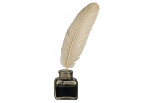 Vintage white feather quill pen poised above glass inkwell, highlighting traditional writing instrument against clean transparent backdrop
