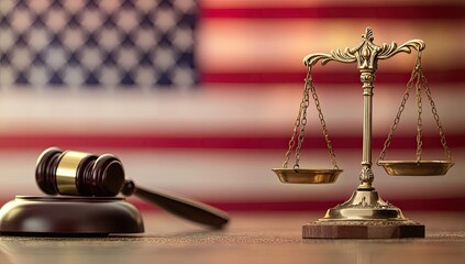 Justice scales and gavel before American flag