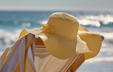 Lemon yellow sun hat on canvas deck chair with beach towel by sparkling sea under a gentle breeze of summer