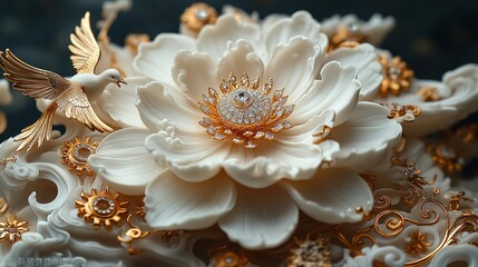Opulent Floral Splendor: Exquisite White & Gold Patterns with Intricate Details – A Masterpiece of Ornate Design and Elegant Motifs