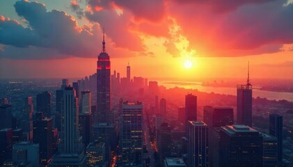Fototapeta premium A sunlit cityscape skyline at dawn, symbolizing opportunity and progress towards a brighter tomorrow Perfect for themes of ambition, innovation, and positive growth , development, advancement