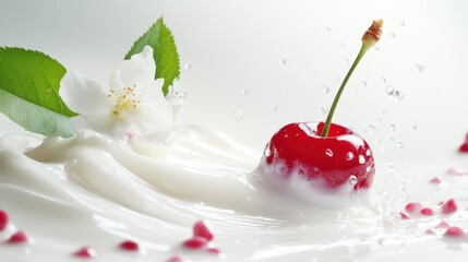 A vibrant cherry splashing into creamy milk, accompanied by a delicate white flower and green leaves.