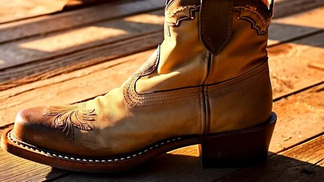 Light-tan leather cowboy boot on weathered wooden planks