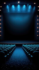 Futuristic Open-Stage Theater: Dynamic Blue-lit Arena with Massive Black Screen. Innovative Event Space for Tech Conferences, Product Launches, and Cinematic Experiences. Energetic Atmosphere Ready fo
