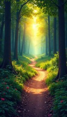 Obraz premium A winding path through a vibrant forest leads to a distant, sunlit clearing, symbolizing a transformative journey and the achievement of a goal , route, foliage