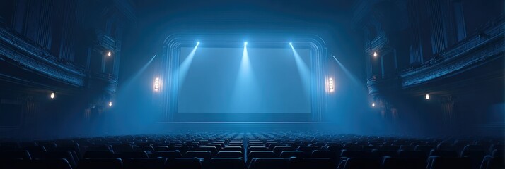 Futuristic Open-Stage Theater: Dynamic Blue-lit Arena with Massive Black Screen. Innovative Event Space for Tech Conferences, Product Launches, and Cinematic Experiences. Energetic Atmosphere Ready fo