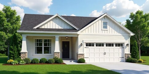 Fototapeta premium Brand new suburban house with attached garage, manicured lawn, and welcoming front porch Perfect for a family or individual seeking modern living in a peaceful neighborhood , plants, garage