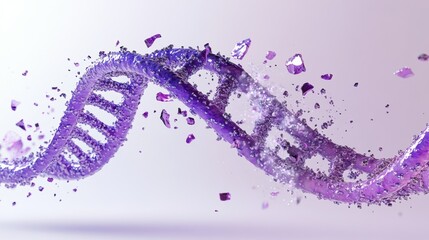 Abstract representation of a DNA double helix in purple, with fragments dispersing around it