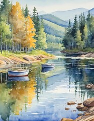 Gentle waves lap against the rocky shoreline as three small boats float peacefully in emerald waters, surrounded by golden and green trees under a clear sky Generative AI