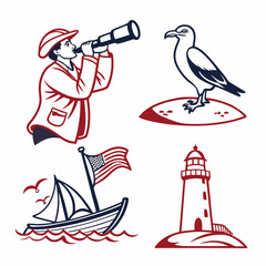 Nautical icons set sailor seagull lighthouse boat