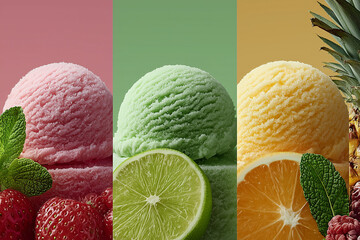 Colorful Ice Cream Triptych – Strawberry Pink, Lime Green and Pineapple Yellow Scoops in Pastel Harmony