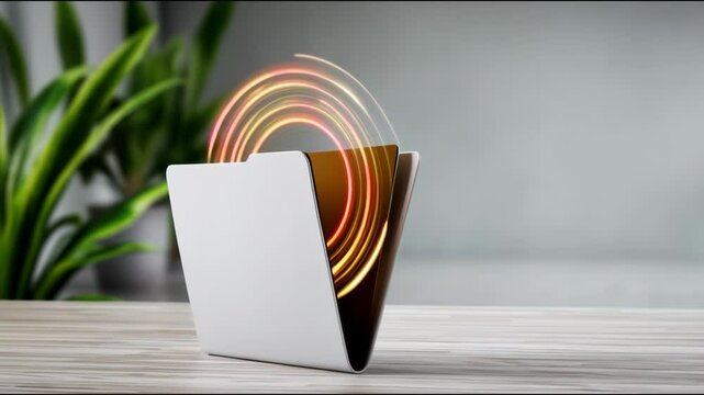 Glowing digital data transfer technology with folder on wooden desk and green plant, symbolizing information sharing and modern storage concepts