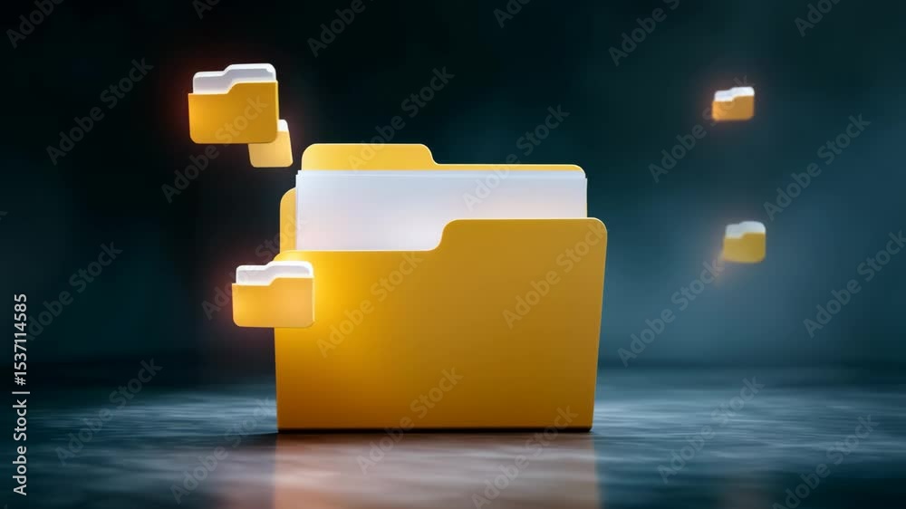 Poster yellow folder icon with digital document files floating dark space symbolizing efficient digital sto