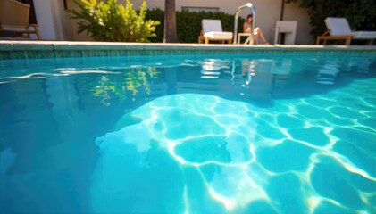 Fototapeta premium Relaxing summer day at a pristine swimming pool, sun reflecting on the water's surface Crystal clear blue water, inviting and refreshing , clear, swimming