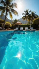 Fototapeta premium Relaxing summer scene at a pristine swimming pool, sun reflecting on the clear blue water, inviting and tranquil Perfect for vacation, summer, travel, and leisure themes , crystal, refreshing