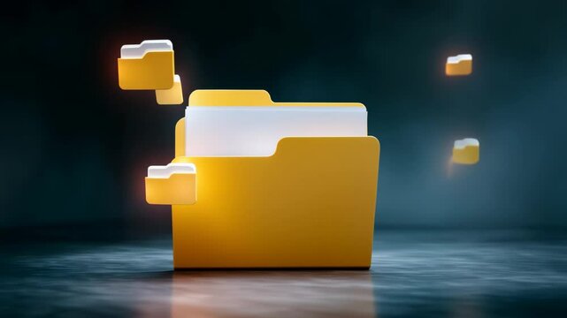 Yellow folder icon with digital document files floating dark space symbolizing efficient digital storage and organization technology for file