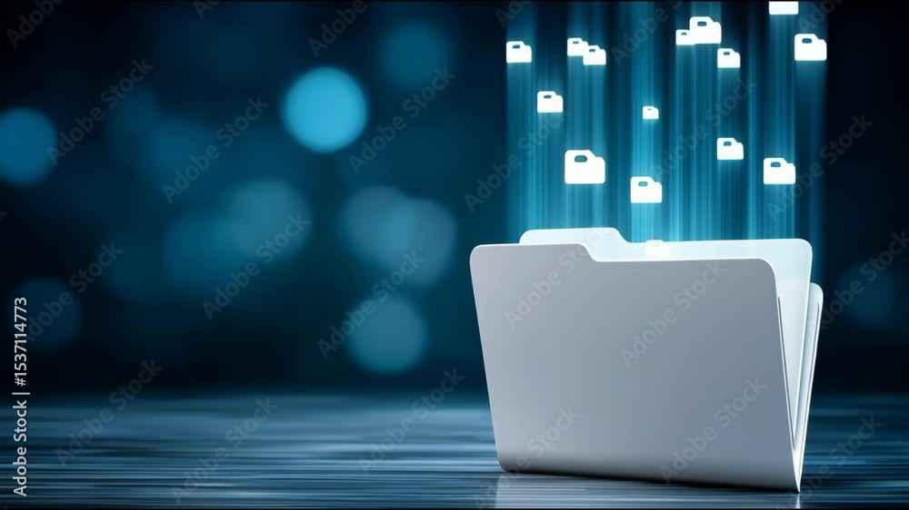 Poster digital folder with glowing file icons floating above representing data transfer cloud storage techn
