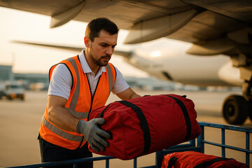 Focused Baggage Handler Loading Red Duffel Bag Under Aircraft With Early Morning Golden Light