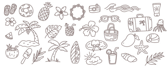 A brown and white drawing of beach items with a summer theme. The drawing includes a variety of food items such as coconut trees, surfboards, drinks, fruits, leaves, and waves.