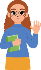 friendly woman character hold book, smile female teacher wear eyeglasses and waving hand illustration