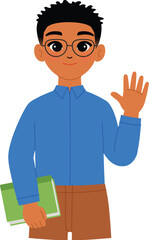 friendly black man character hold book, smile black male teacher wear eyeglasses and waving hand illustration