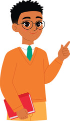 friendly black woman character hold book, smile black female teacher wear eyeglasses and teaching , pointing finger illustration
