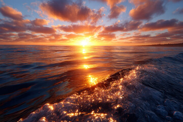 Sunset over the ocean with vibrant clouds reflecting in the water
